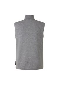 Grauer ärmelloser Pullover mit hohem Kragen, der eine glatte, weiche Textur und ein dezentes Melange-Muster aufweist. Die Rückansicht zeigt ein sauberes Design.