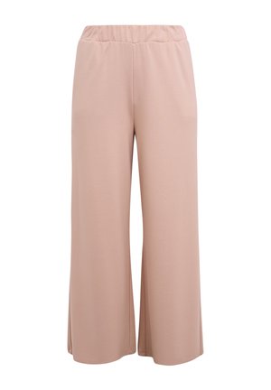 Wijde broekspijpen in zachtroze stof met een elastische tailleband, met een gladde textuur en zonder zichtbare patronen of hardware.
