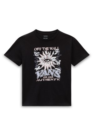 Camiseta negra Vans con diseño gráfico de ojo de sol, mariposas y texto "OFF THE WALL VANS EST. 1966 AUTHENTIC" en el frente.
