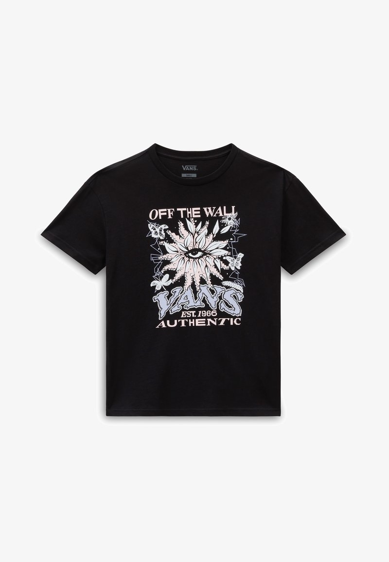 T-shirt noir Vans avec un motif graphique d'œil de soleil, des papillons et le texte "OFF THE WALL VANS EST. 1966 AUTHENTIC" sur le devant.