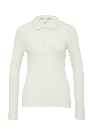 Langarm polo shirt in romige ribstof, met een omklapbare kraag en een knopenlijst met vijf knopen, zachte textuur.