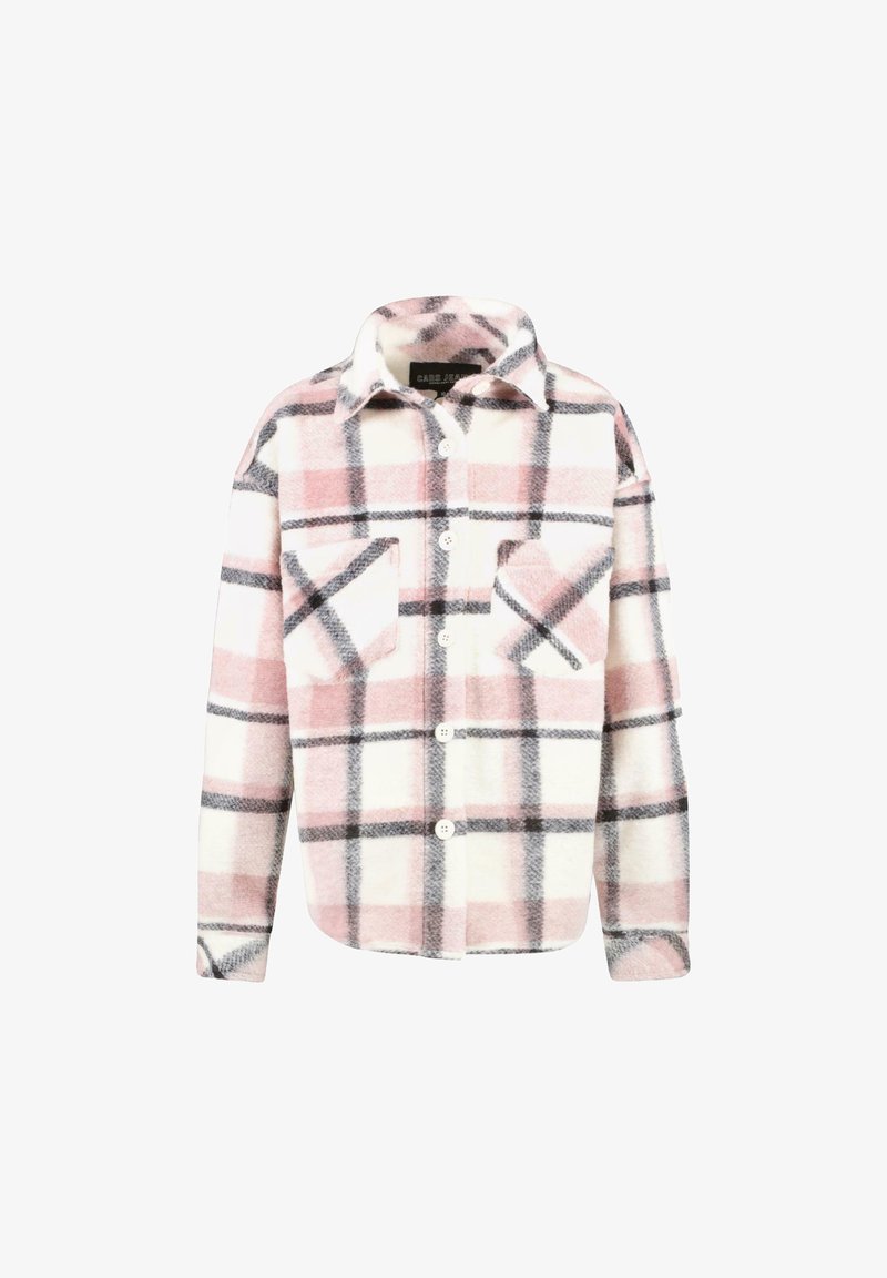 Pink and white plaid shirt made of soft fabric, featuring a collared neckline, two front pockets, and rounded hem. Button-front closure.