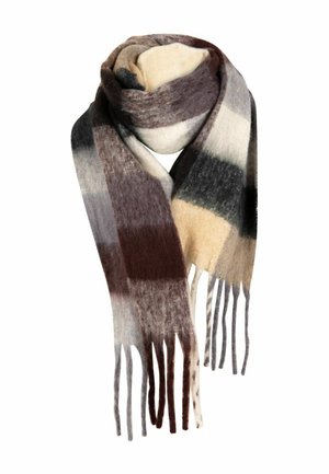 Écharpe en laine douce avec de larges rayures horizontales marron, beige, crème, gris et noir, enroulée lâchement avec des franges aux extrémités.