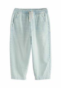 Helle blaue Denim-Jogginghosen mit einem elastischen Bund, Kordelzug und Seitentaschen; weiche Textur und gerade Beinform.