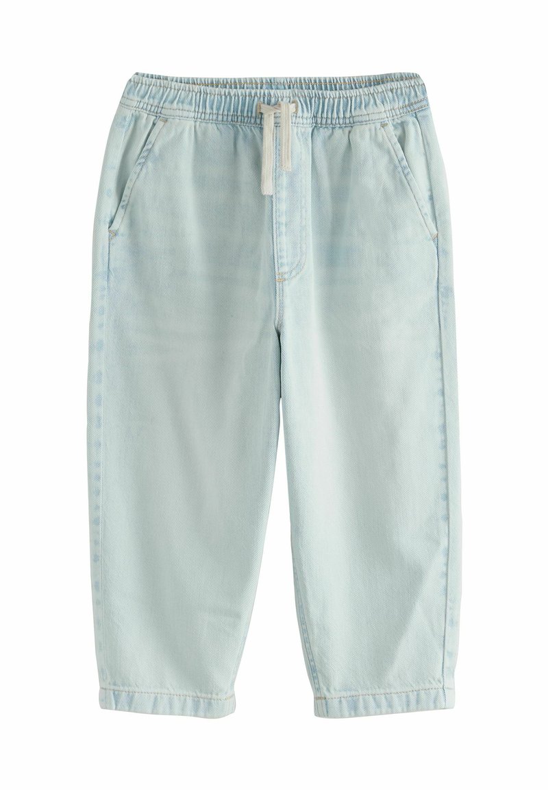 Helle blaue Denim-Jogginghosen mit einem elastischen Bund, Kordelzug und Seitentaschen; weiche Textur und gerade Beinform.