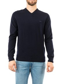 Pullover V-neck blu navy realizzato in tessuto morbido, con maniche lunghe e orlo a costine. Dettaglio logo discreto sul petto.