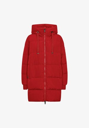 Căciulă puf red cu glugă, cu închidere prin fermoar, șnururi de ajustare, manșete strâmte și un design simplu fără modele.