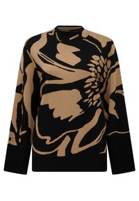 Maglione lavorato a maglia con un ampio motivo floreale nero e marrone, con colletto girocollo e maniche lunghe. Il materiale sembra morbido e strutturato.