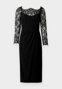 Robe noire à silhouette ajustée, manches longues en dentelle et encolure festonnée. Présente des détails en dentelle texturée et un corps en tissu lisse.