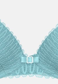 Reggiseno in pizzo teal con un design testurizzato e bordi smerlati, spalline regolabili e chiusura frontale con un dettaglio metallico rettangolare.