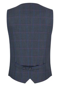 Szary kamizelka w kratę z niebieskimi i purpurowymi liniami. Teksturowana tkanina z dwoma guzikami i wciętymi brzegami. Odpowiednia do formalnych strojów.