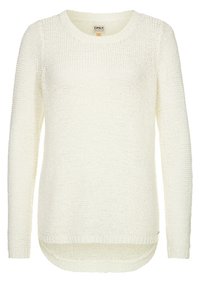 Helles Cremesweatshirt aus strukturiertem Strickstoff. Hat einen runden Halsauschnitt, lange Ärmel und einen längeren Rückensaum. Keine sichtbaren Beschläge.