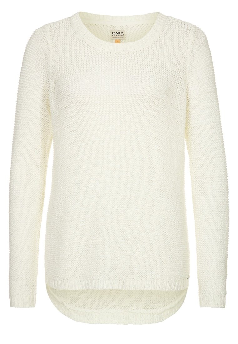 Helles Cremesweatshirt aus strukturiertem Strickstoff. Hat einen runden Halsauschnitt, lange Ärmel und einen längeren Rückensaum. Keine sichtbaren Beschläge.