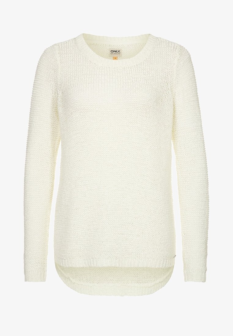 Helles Cremesweatshirt aus strukturiertem Strickstoff. Hat einen runden Halsauschnitt, lange Ärmel und einen längeren Rückensaum. Keine sichtbaren Beschläge.