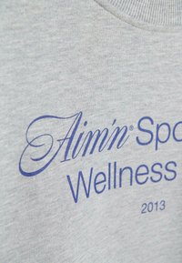 Light gray sweatshirt made of soft fabric featuring blue text: "Aim'n Sports Wellness 2013," with a round neckline and ribbed details.