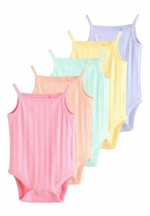 Öt bordázott ujjatlan bababody rózsaszínben, barackszínben, menta, sárga és levendula árnyalatban, egymáson átfedésben rendezve fehér háttéren.