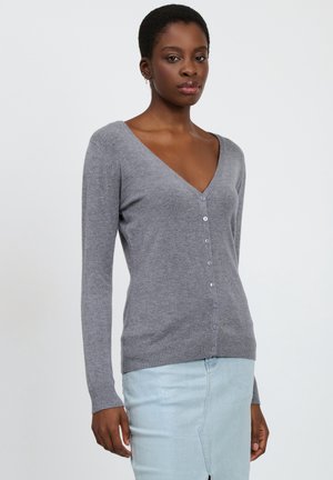 Cardigan grigio a scollo a v con morbido tessuto a maglia, con maniche lunghe, orlo a coste e chiusura frontale a bottoni con bottoni a contrasto.