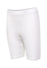 Vita atletiska shorts gjorda av ett mjukt tyg, med medellång längd till mitten av låret, elastisk midja och flatlocksömmar för komfort och flexibilitet.