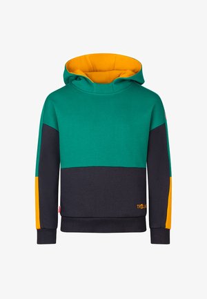 Kapuzensweatshirt mit Colorblock-Design in Grün, Navy und Orange. Aus Baumwolle, mit gerippten Bündchen an Ärmeln und Saum.