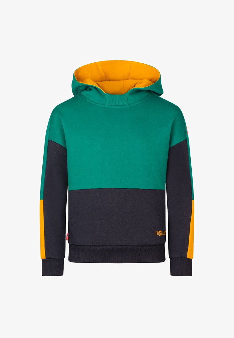 Hooded sweatshirt featuring a color-block design with green, navy, and orange sections. Made of cotton, with ribbed cuffs and hem.