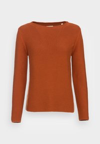 Rust-colored knitted sweater with a round neckline, long sleeves, and a textured pattern. Straight-fit design, neutral stitching.
