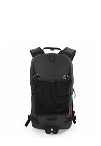 Zaino nero in nylon con motivo a diamante, tasca frontale in rete, accenti rossi, spallacci imbottiti e maniglia superiore per il trasporto.