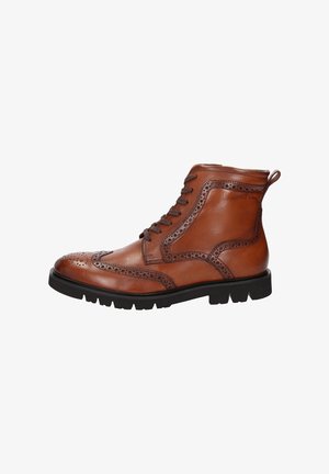 Bottines en cuir marron avec des détails de brogue décoratifs, un laçage, une semelle robuste et une languette à l'arrière.