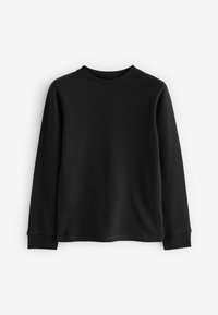 Cămașă neagră cu mâneci lungi, confecționată dintr-un material ribbed, având o guler rotund și manșete ajustate. Textura este netedă, cu un model consistent.