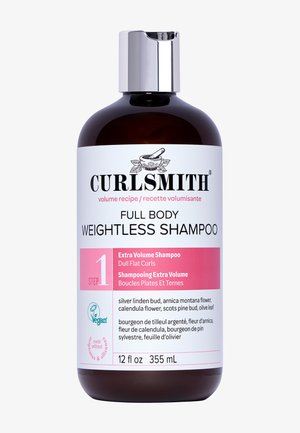 Bouteille de shampooing Curlsmith Full Body Weightless pour volume extra, 355 ml, étiquetée vegan et sans sulfates ni silicones.