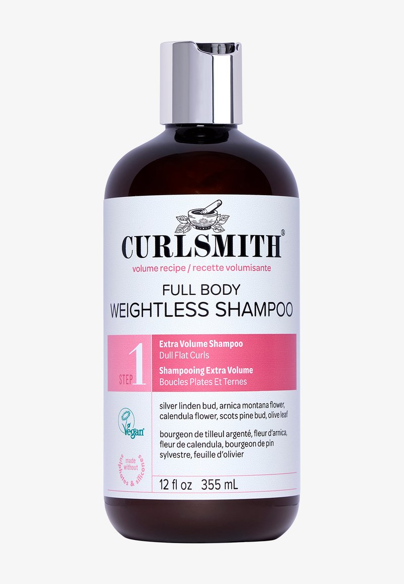 Bouteille de shampooing Curlsmith Full Body Weightless pour volume extra, 355 ml, étiquetée vegan et sans sulfates ni silicones.
