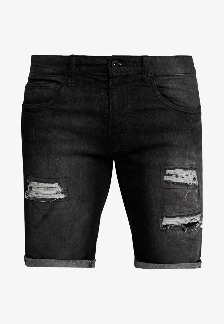 Shorts en denim noir avec des détails usés, présentant des patchs effilochés et des revers repliés, fabriqués dans un tissu durable pour un ajustement décontracté.