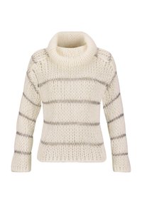 Dikke gebreide coltrui in off-white met grijze horizontale strepen. Heeft een gestructureerde weefsel en een ontspannen silhouet.
