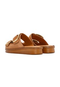 Bruine suède sandalen met een dikke zool, voorzien van gouden hardware accenten en twee brede banden. Textuur van de buitenzool en gestikte details zijn zichtbaar.