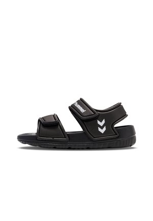 Sandales noires avec deux sangles Velcro réglables, une semelle intérieure profilée et une semelle extérieure en caoutchouc texturé. Comprend des accents de logo blanc et de chevrons.