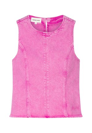 Mouwloze roze denim top met ronde halslijn, details van een voornaad en ritssluiting aan de achterkant, maat small, merk Fabienne Chapot.
