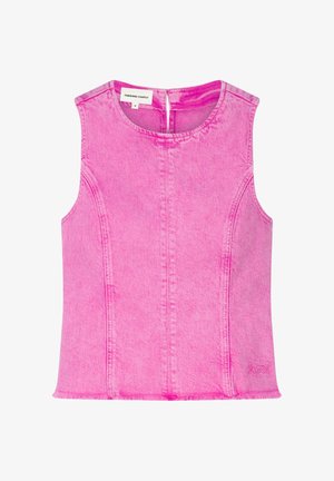 Mouwloze roze denim top met ronde halslijn, details van een voornaad en ritssluiting aan de achterkant, maat small, merk Fabienne Chapot.