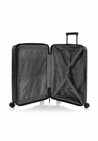 Valigia nera con ruote e due scomparti. Gli interni includono tasche in rete con zip e cinghie elastiche. Esterno liscio con zipper resistente.