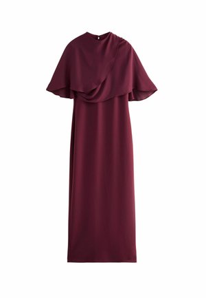 Bordeauxfarbenes Kleid mit einer mehrschichtigen Chiffon-Überlage, hohem Kragen und einem Schlüsselloch-Rücken. Entworfen in einer fließenden Silhouette, hergestellt aus leichtem Stoff.