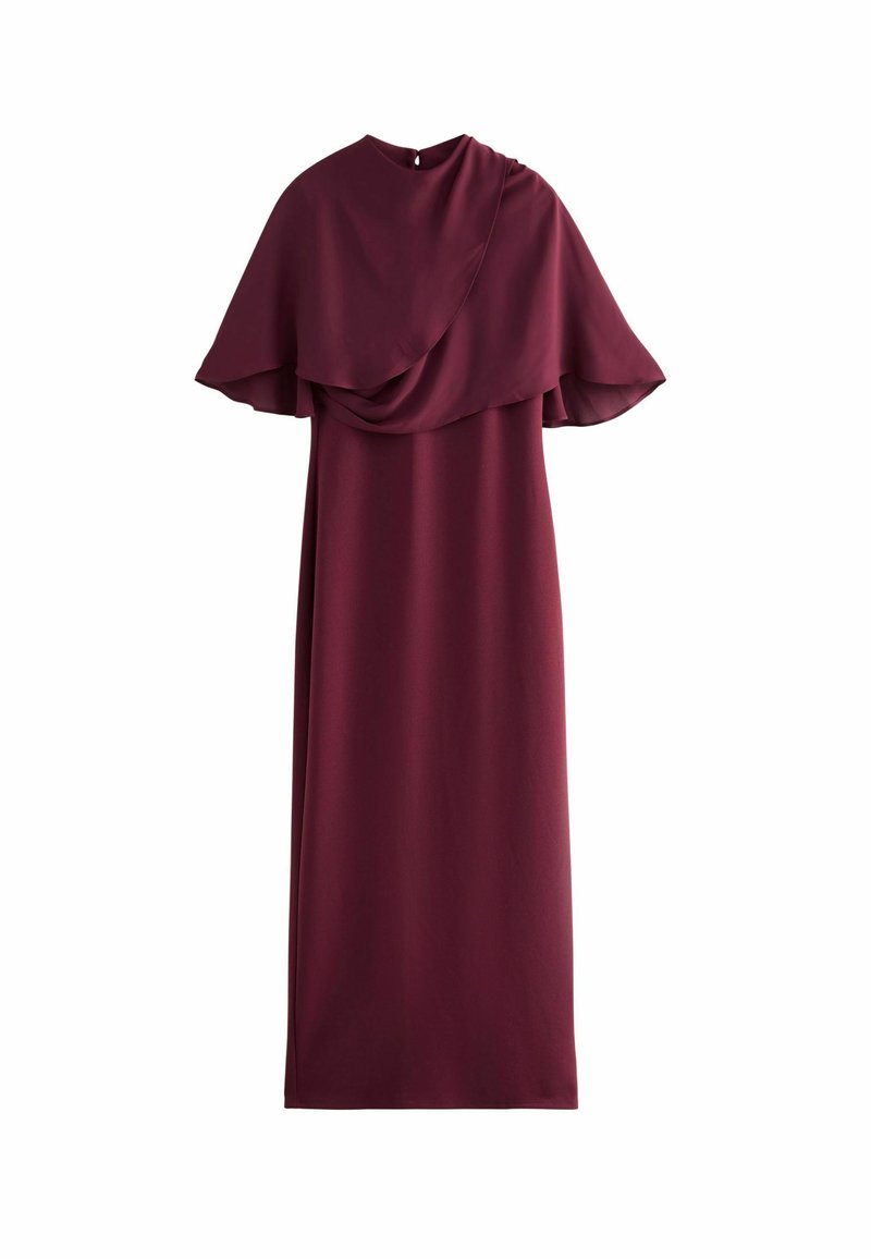 Rochie bordeaux cu un overlay din chiffon stratificat, gât înalt și spate cu decupaj. Concepută într-o siluetă fluidă, realizată dintr-un material ușor.