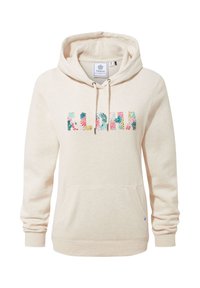 Cream-colored hoodie with a drawstring, featuring a floral "ALOH" print in vibrant colors. Includes a front kangaroo pocket and ribbed cuffs.