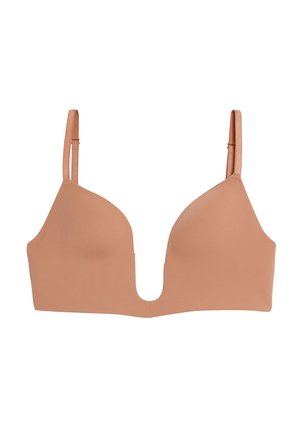 Biustonosz w kolorze nude z głębokim dekoltem w kształcie litery V, gładką tkaniną i regulowanymi ramiączkami. Posiada bezszwowe miseczki oraz minimalistyczny design.