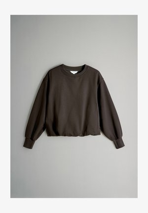 Dunkelbrauner Sweatshirt mit Rundhalsausschnitt, langen Ballonärmeln und geripptem Saum. Hergestellt aus weichem, strukturiertem Stoff.