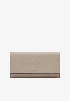 Beige leather wallet with a textured finish, featuring a brand logo embossed on the front, and a sleek rectangular design.