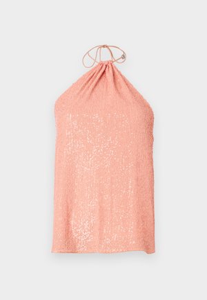 Top halter pesca realizzato in tessuto texturizzato con paillettes, caratterizzato da un collo arricciato e una chiusura con lacci sul retro.