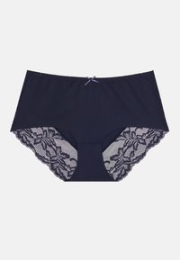 Marineblå undertøy med blondedetaljer, med blomsterdesign. Jevnt materiale med dekorativ sløyfe foran og bølget kant.