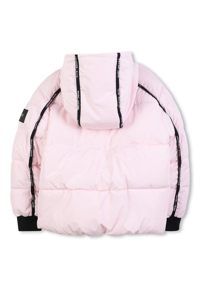 Pink puffer jacket featuring a hood, with black accent straps along the shoulders and sleeves, and ribbed cuffs. Smooth, quilted texture.