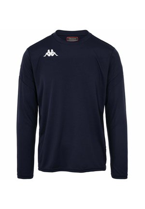 T-shirt de sport à manches longues navy, fabriqué en tissu lisse. Il présente un col rond et le logo Kappa blanc sur la poitrine.