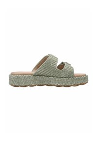Sandales slides tissées vert clair avec deux larges brides, dessus texturé et une semelle plateforme épaisse de style espadrille.