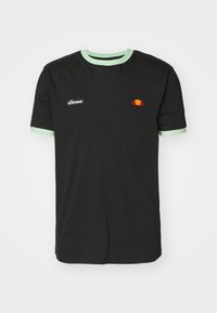 Black cotton t-shirt with light green ribbed neckline and sleeve cuffs. Features an embroidered logo and a colorful accent design.