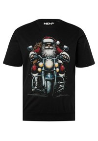 Černé tričko s krátkým rukávem s grafikou Santa Klauze na motorce, s podrobnými ilustracemi a živými barvami.
